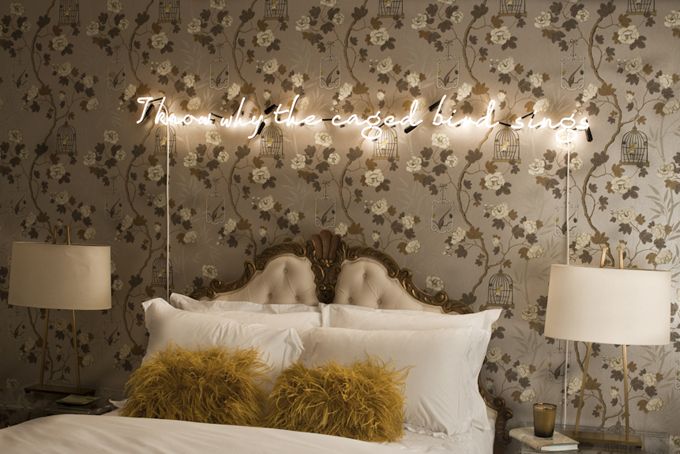 neon bedroom sign wall decor signs queen type bed above light headboard lights laura tracey emin writing lit gray indoor