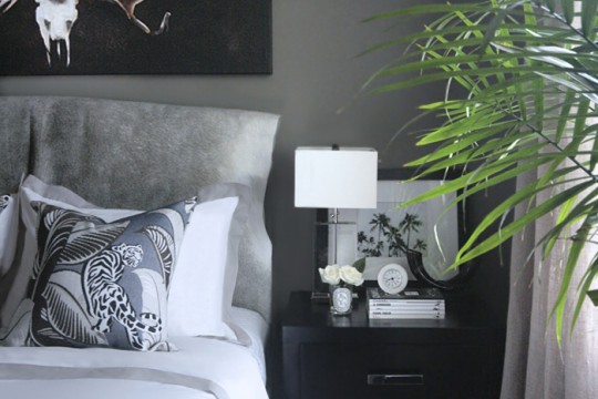 crane and canopy Erika Brechtel mommy and me master bedroom Linden Gray duvet antlers artwork cowhide headboard DwellStudio pillow nightstand linen drapes