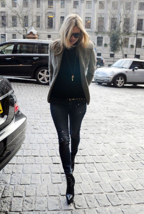 kate moss black jeans gray boucle jacket lace up booties