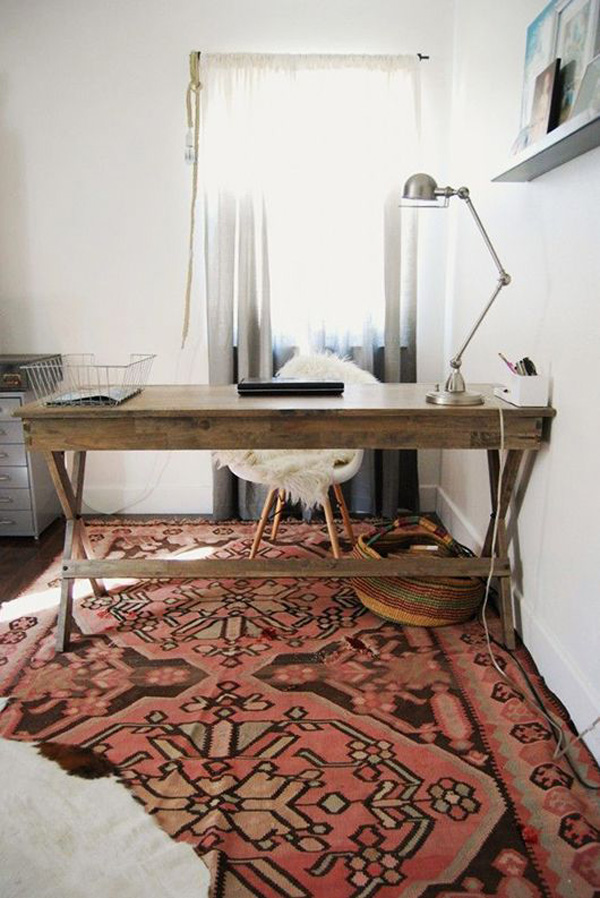 layering rugs kilim over cowhide Natalie Myers office via SFgirlbythebay