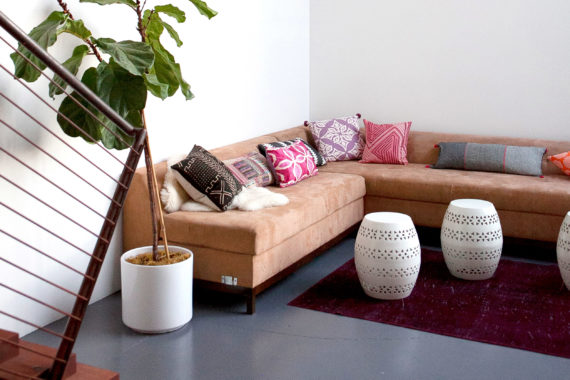 Mavens HQ Citrus Studios Kalika Yap office loft styled by Erika Brechtel corner sofa boho pillows garden stools feat