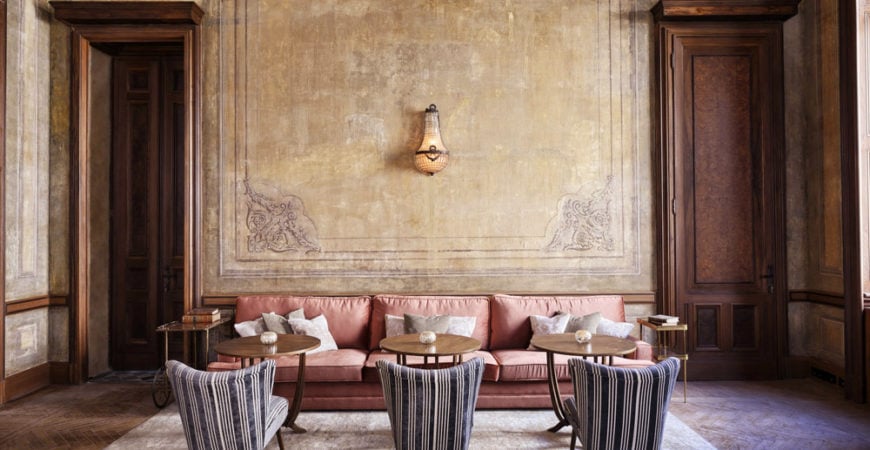 Soho House Istanbul painted walls wood doors rose sofa feat