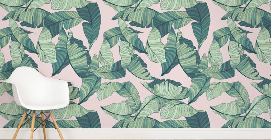 murals wallpaper pink and green banana leaf