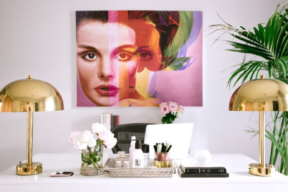 office decor Erika Brechtel white desk brass lamps Richard Phillips art palm