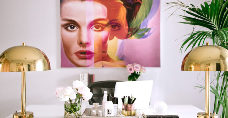 office decor Erika Brechtel white desk brass lamps Richard Phillips art palm
