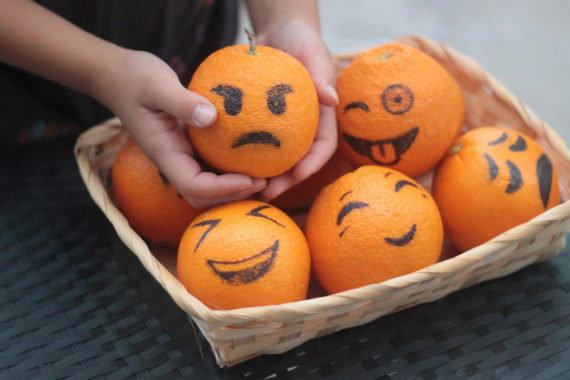 Halloween orange jack o lanterns Erika Brechtel kids craft emojis basket 01