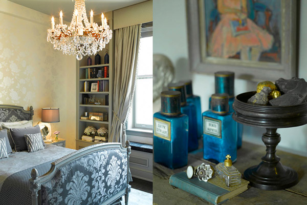 Kishani Perera bedroom, French traditional, brocade, gray, chandelier
