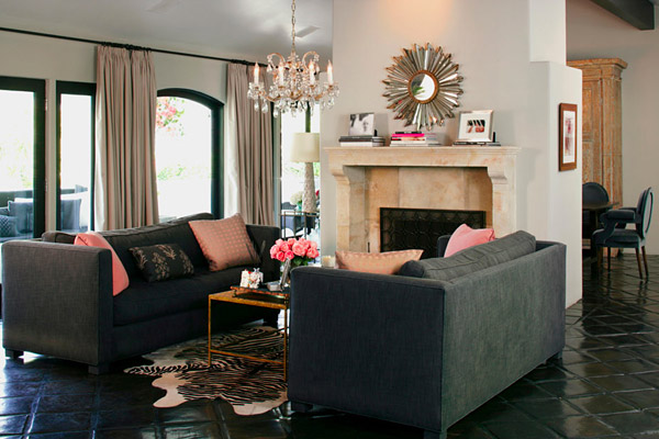 Kishani Perera living room, black spanish tile, gray white pink zebra