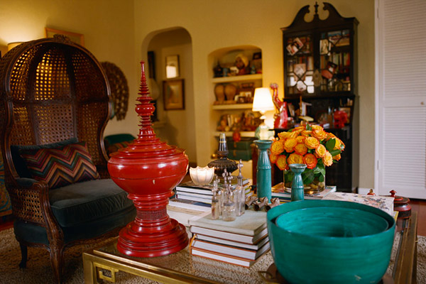Kishani Perera living room, eclectic, colorful, vintage, warms red gold