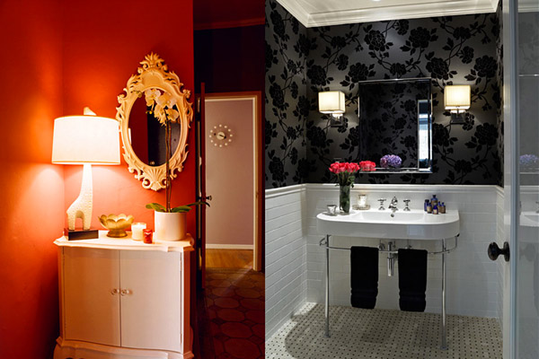 Kishani Perera vignettes, red foyer, black white bathroom, floral wallpaper