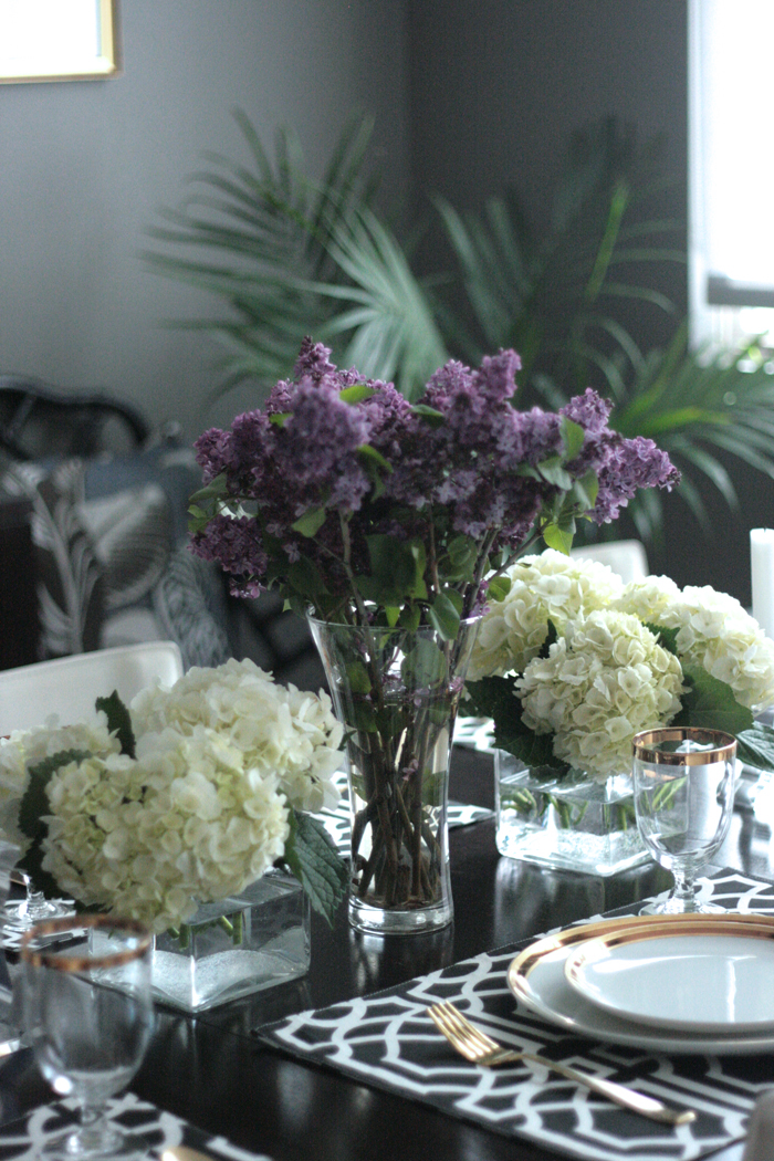 OC Family shoot Erika Brechtel behind the scenes dining room table fresh flowers lilac hydrangea
